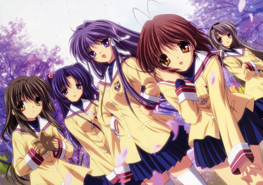 furukawa nagisa, fujibayashi kyou, ibuki fuuko, sakagami tomoyo, and ichinose kotomi (clannad) drawn by ikeda_kazumi
