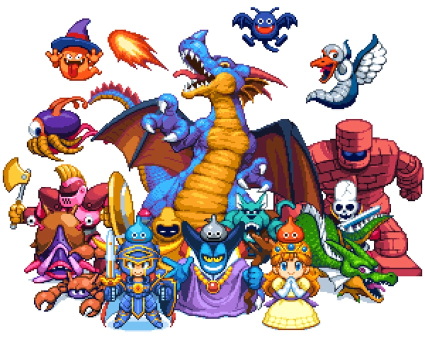 slime, hero, princess laura, dracky, metal slime, and 13 more (dragon quest and 1 more) drawn by pixelflag