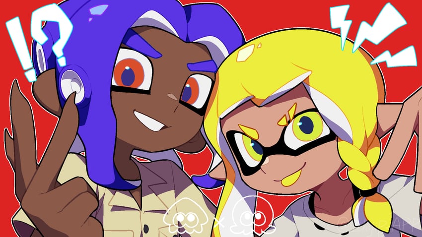 inkling player character, inkling girl, octoling player character, octoling boy, veronika, and 1 more (splatoon and 1 more) drawn by ichijip_app