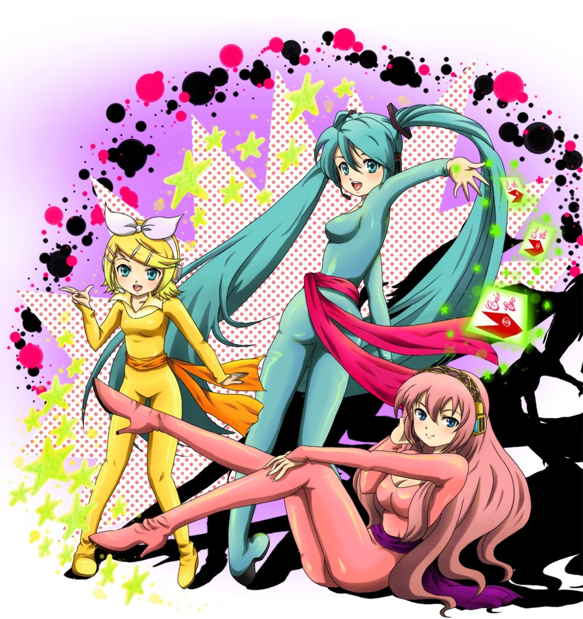hatsune miku, kagamine rin, and megurine luka (vocaloid and 1 more) drawn by mikiky