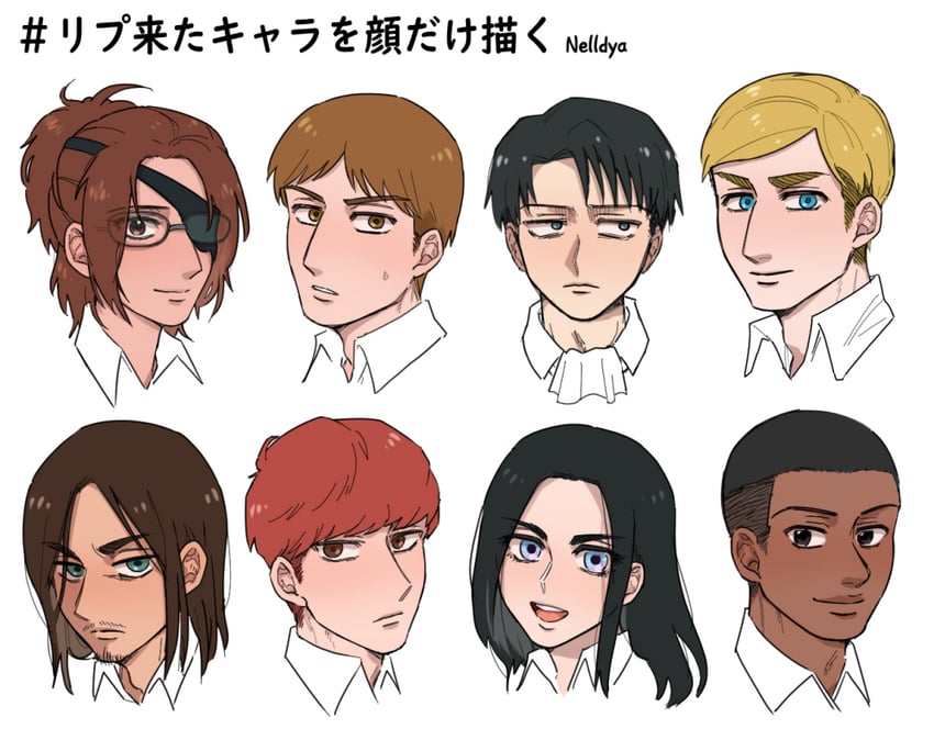 eren yeager, levi, hange zoe, erwin smith, moblit berner, and 3 more (shingeki no kyojin) drawn by mina_(als_dk)