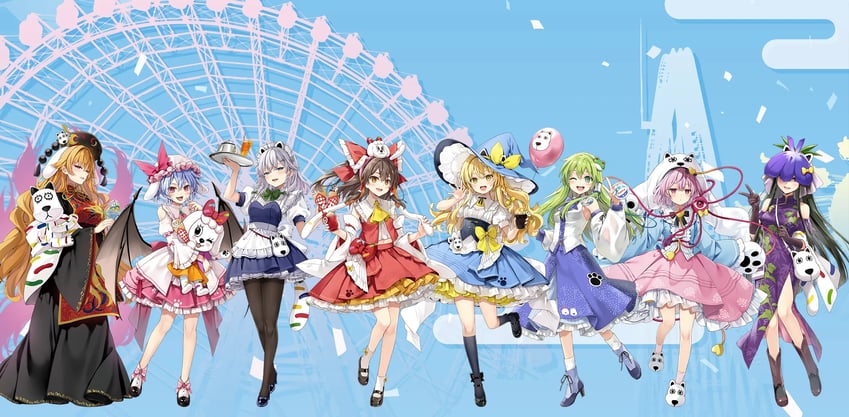 hakurei reimu, kirisame marisa, remilia scarlet, izayoi sakuya, kochiya sanae, and 3 more (touhou and 1 more) drawn by eretto and natsume_eri