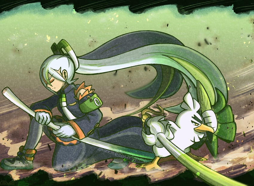 hatsune miku, sirfetch'd, and fighting miku (pokemon and 2 more) drawn by shuri_(syurigame)