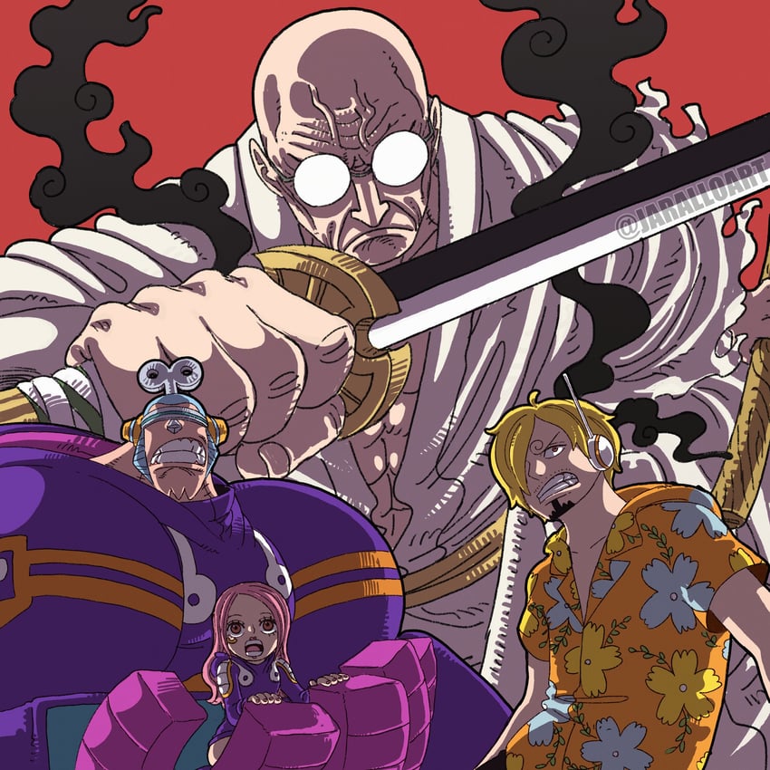 sanji, franky, jewelry bonney, and ethan-baron v. nusjuro (one piece) drawn by jaralloart