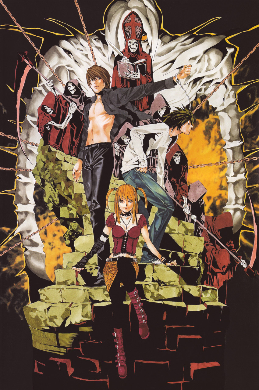 yagami light, l, amane misa, death, and rem (death note) drawn by obata_takeshi