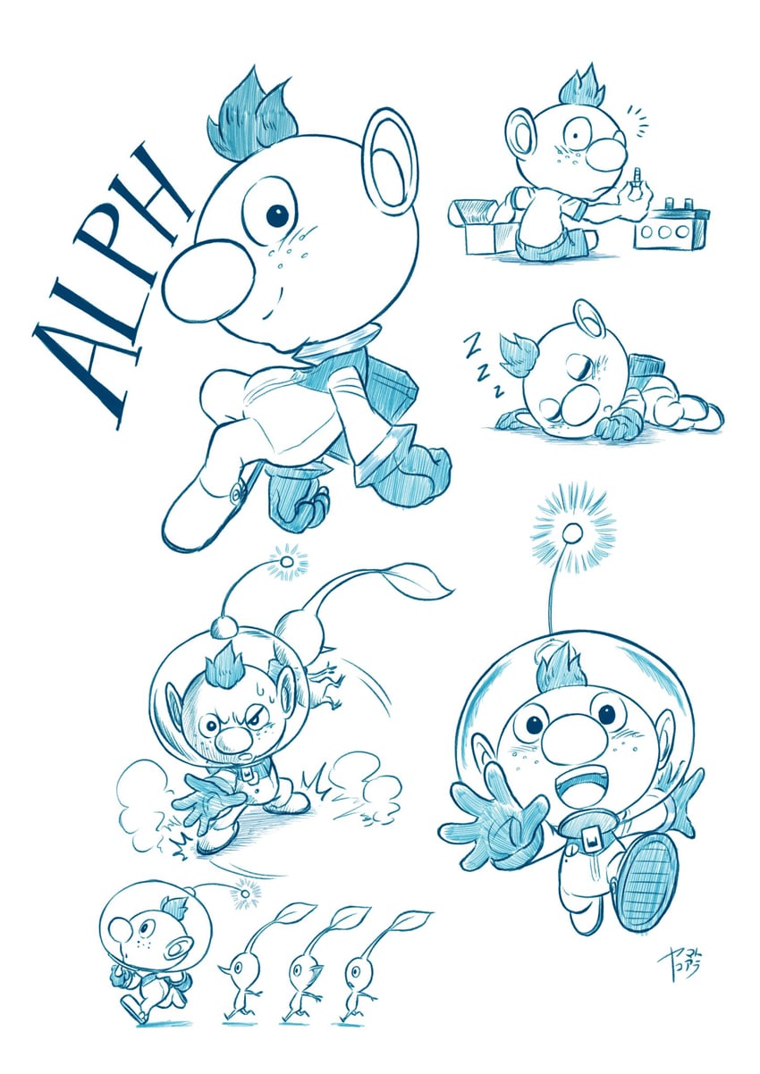 red pikmin, yellow pikmin, blue pikmin, and alph (pikmin) drawn by yamato_koara