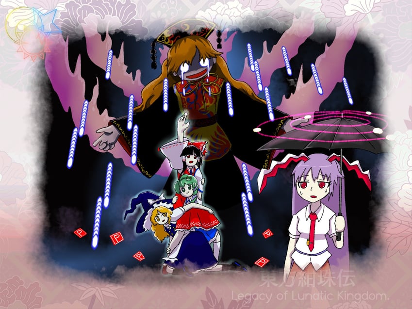 hakurei reimu, kirisame marisa, kochiya sanae, reisen udongein inaba, and junko (touhou and 2 more) drawn by matsumoto_oka