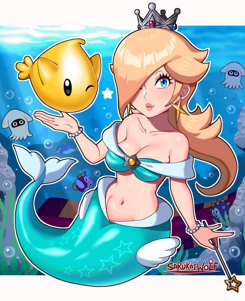 rosalina, luma, blooper, cheep cheep, penguin, and 1 more (mario and 1 more) drawn by sarukaiwolf