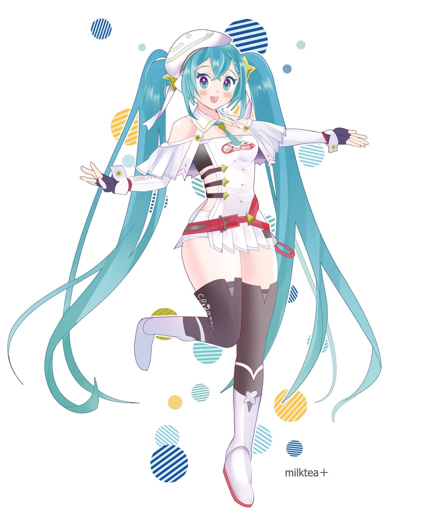 hatsune miku and racing miku (vocaloid and 1 more) drawn by milktea+