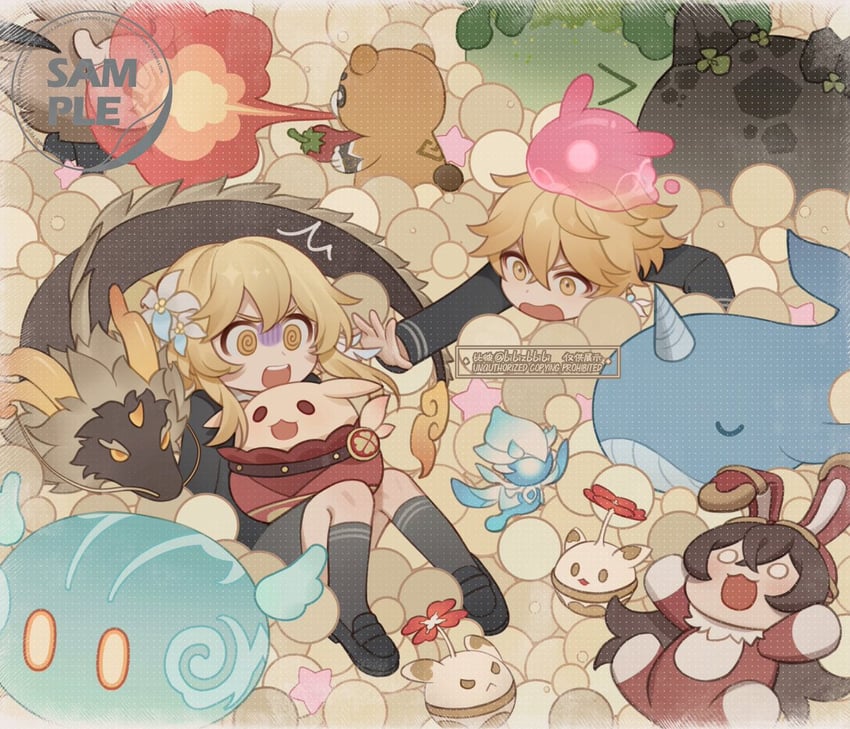 lumine, aether, slime, jumpy dumpty, hilichurl, and 5 more (genshin impact) drawn by bibizbbibi