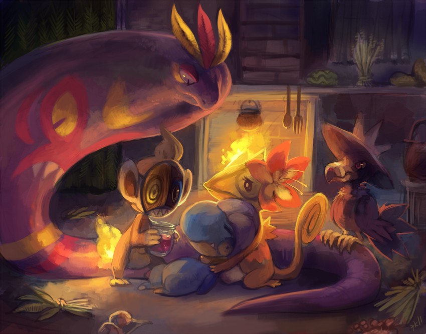 arbok, chimchar, murkrow, kecleon, and bagon (pokemon and 1 more) drawn by glitchedpuppet