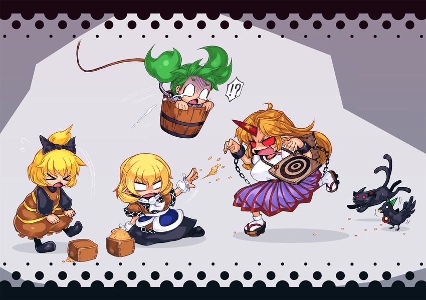 kaenbyou rin, reiuji utsuho, mizuhashi parsee, hoshiguma yuugi, kurodani yamame, and 1 more (touhou) drawn by sentarou