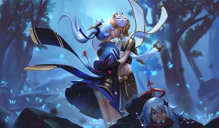 aether, paimon, and kamisato ayaka (genshin impact) drawn by tony_maverick