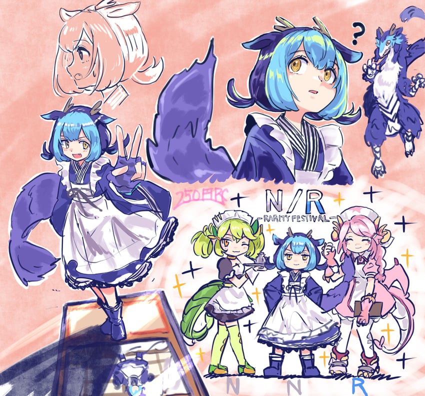 laundry dragonmaid, parlor dragonmaid, nurse dragonmaid, and dragonmaid nudyarl (yu-gi-oh!) drawn by 250en_remon