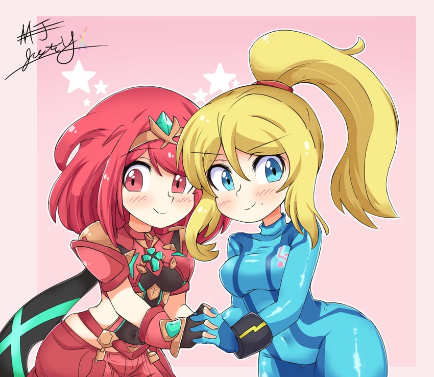 pyra and samus aran (xenoblade chronicles and 2 more) drawn by yamagiwajustin