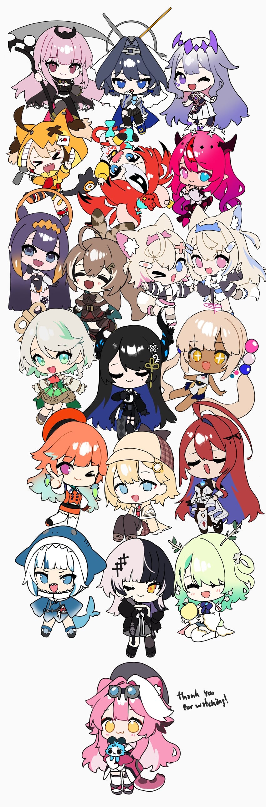 gawr gura, mori calliope, ninomae ina'nis, ouro kronii, nanashi mumei, and 17 more (hololive and 1 more) drawn by raora_panthera_(artist)