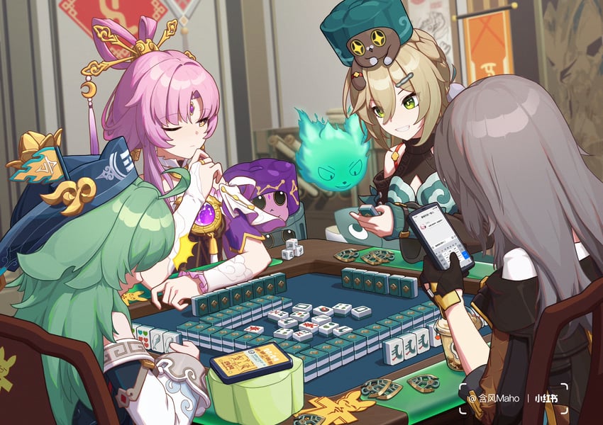 trailblazer, stelle, fu xuan, huohuo, qingque, and 2 more (honkai and 1 more) drawn by hanfeng_maho