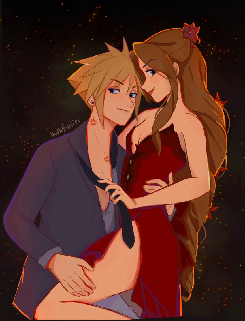 cloud strife and aerith gainsborough (final fantasy and 2 more) drawn by vanekairi