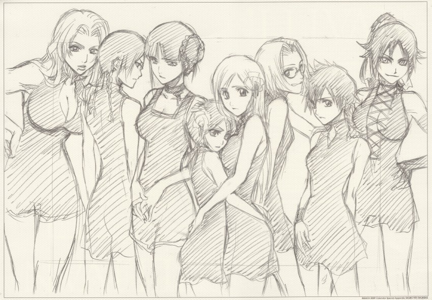kuchiki rukia, shihouin yoruichi, inoue orihime, matsumoto rangiku, kurotsuchi nemu, and 3 more (bleach) drawn by kubo_tite