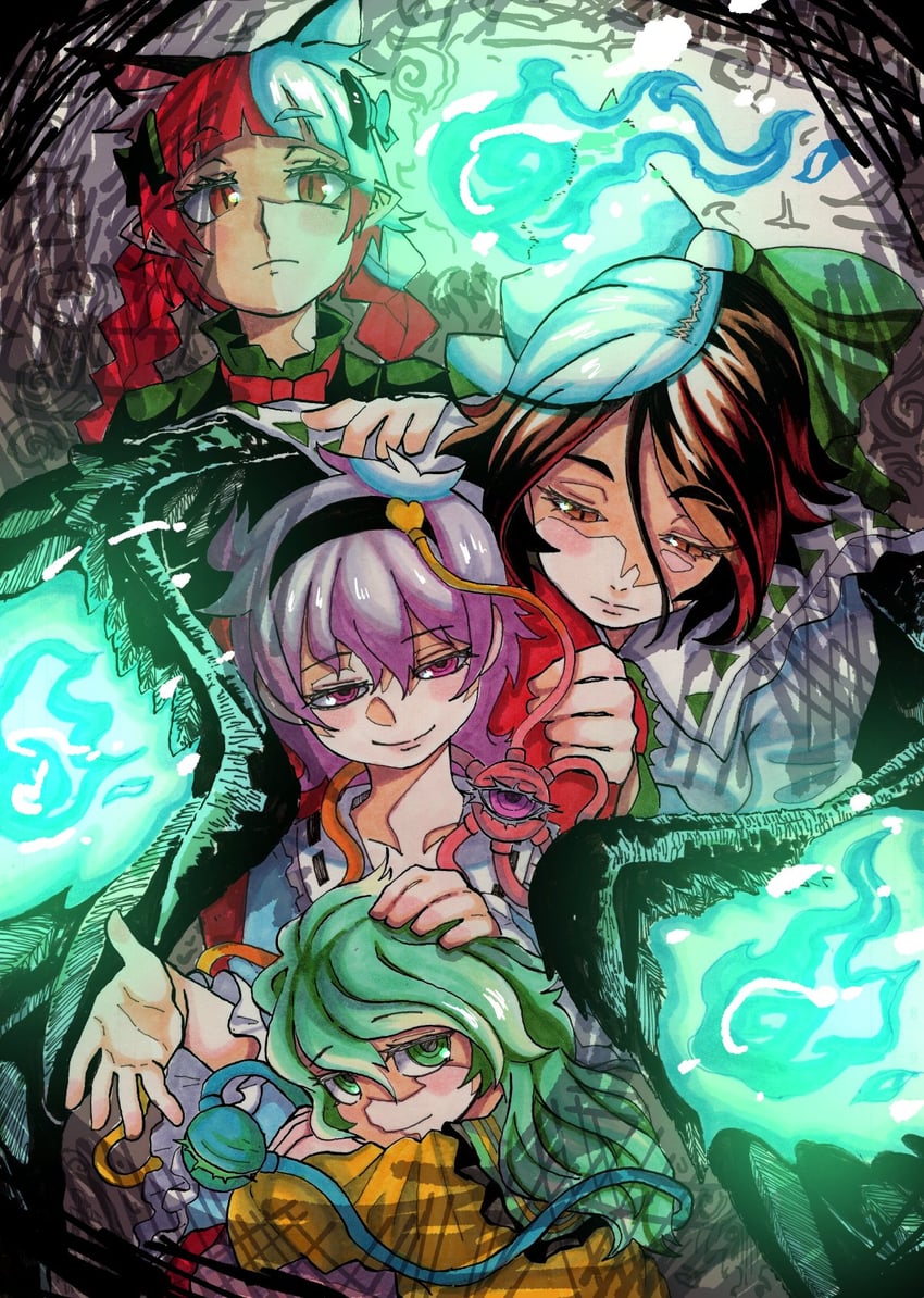 komeiji koishi, komeiji satori, kaenbyou rin, and reiuji utsuho (touhou) drawn by inuyama_konan