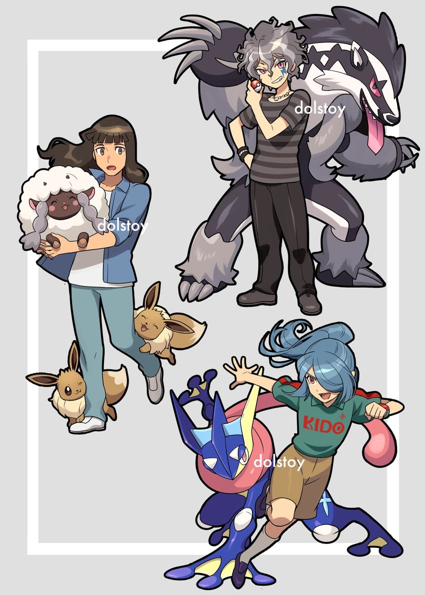 eevee, greninja, wooloo, kazemaru ichirouta, obstagoon, and 2 more (pokemon and 2 more) drawn by dolustoy