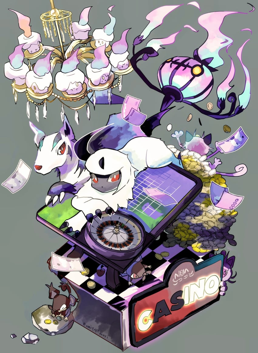 litwick, absol, chandelure, mightyena, alolan meowth, and 1 more (pokemon) drawn by umipokemori