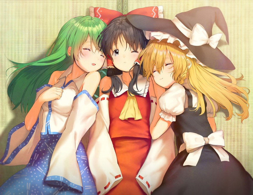 hakurei reimu, kirisame marisa, and kochiya sanae (touhou) drawn by kiyosato_0928