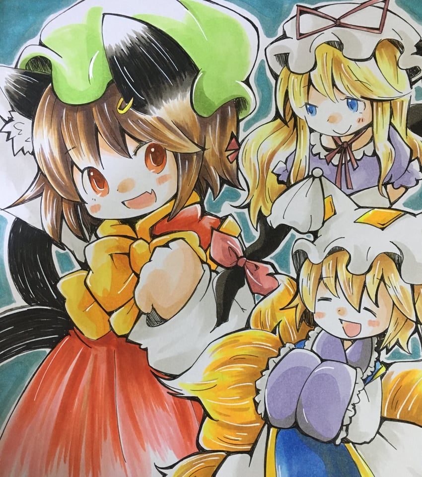 yakumo yukari, yakumo ran, and chen (touhou) drawn by ruu_kiti