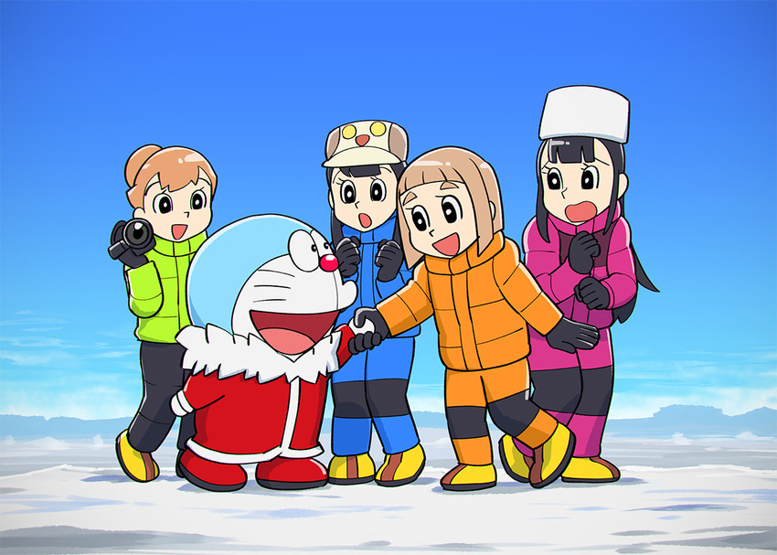 doraemon, miyake hinata, kobuchizawa shirase, tamaki mari, and shiraishi yuzuki (doraemon and 1 more) drawn by ueyama_michirou