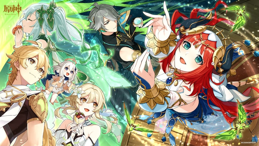 lumine, aether, nahida, paimon, nilou, and 1 more (genshin impact)