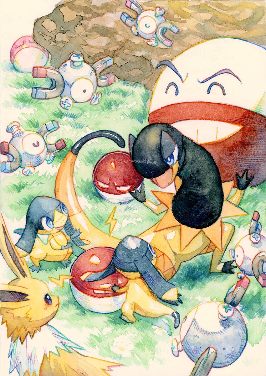 magnemite, jolteon, voltorb, electrode, helioptile, and 1 more (pokemon) drawn by yamanashi_taiki