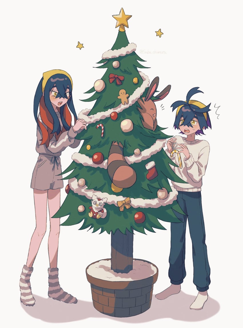 kieran, carmine, sentret, and delibird (pokemon and 1 more) drawn by saba_chimera