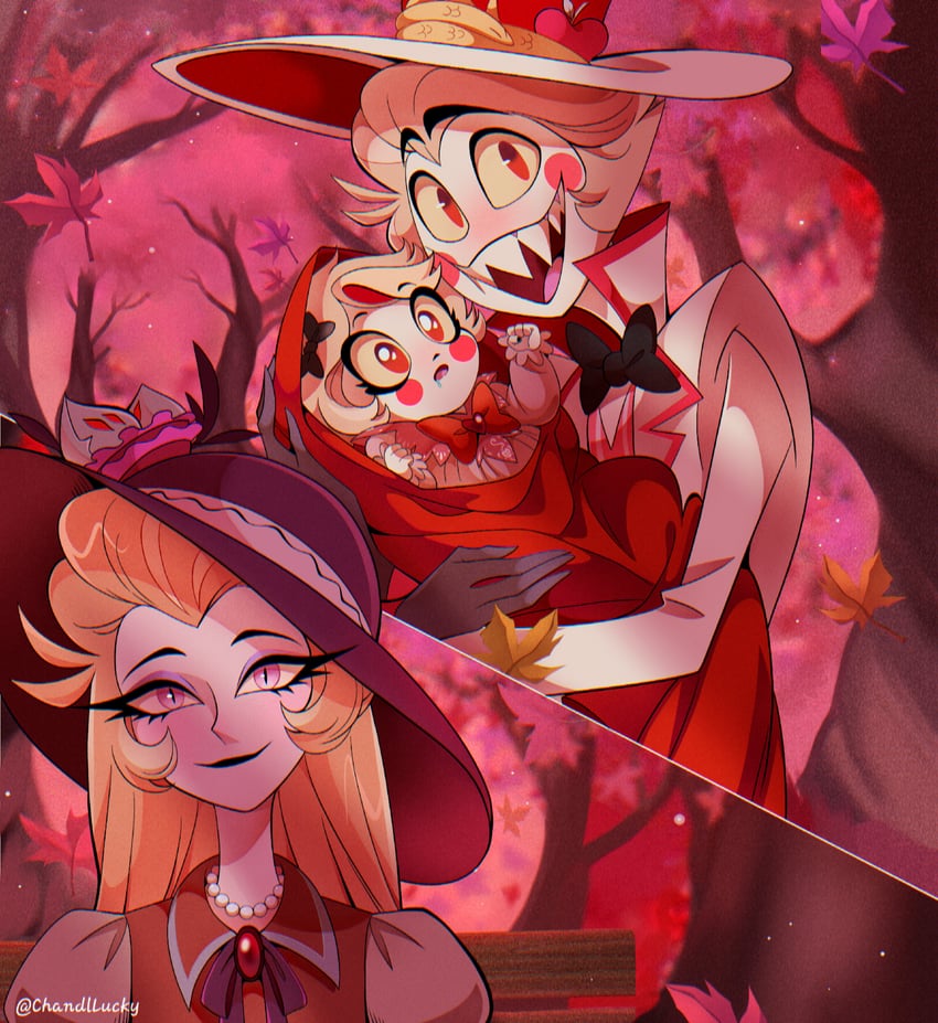 lucifer morningstar, charlie morningstar, and lilith (hazbin hotel) drawn by chandllucky