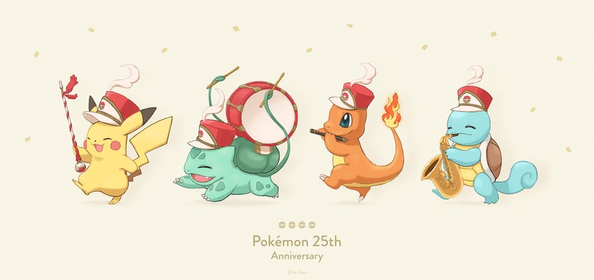 pikachu, bulbasaur, squirtle, and charmander (pokemon) drawn by kico_(iskico)