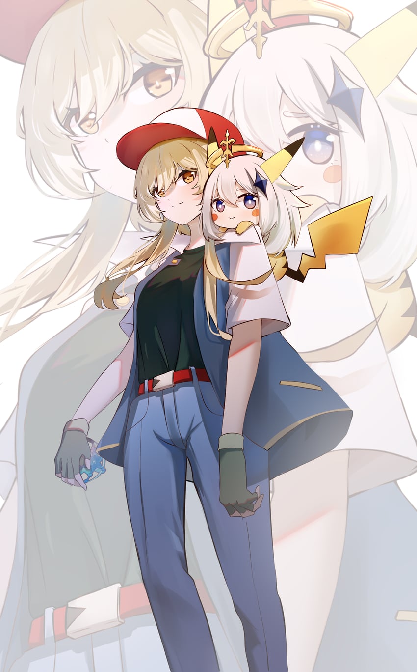 lumine, pikachu, paimon, and ash ketchum (pokemon and 1 more) drawn by qixia