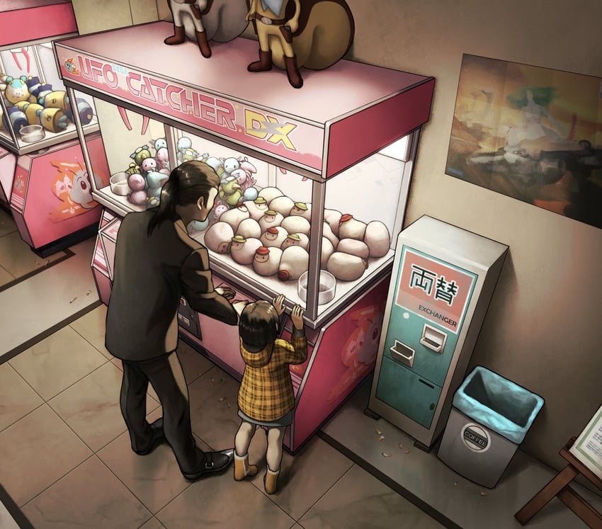 majima goro, bun-chan, and doll girl (ryuu ga gotoku) drawn by touteytout