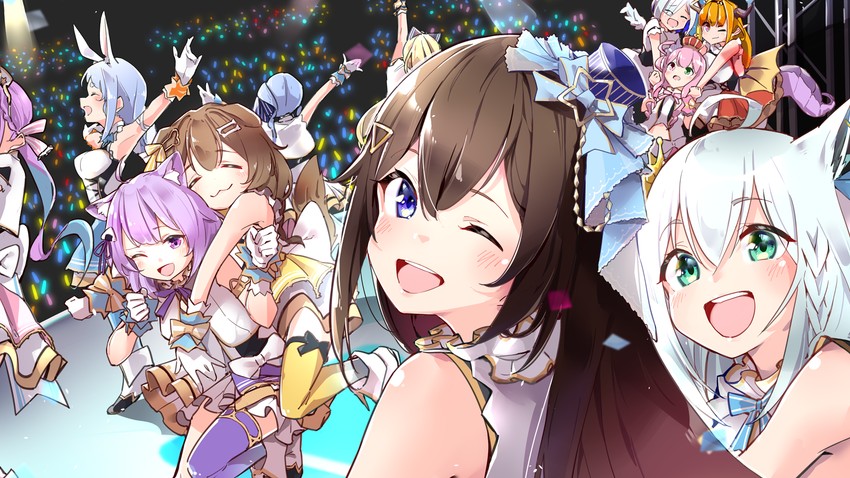 shirakami fubuki, hoshimachi suisei, usada pekora, nekomata okayu, minato aqua, and 6 more (hololive) drawn by yuyaiyaui