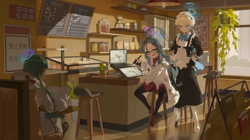 hoshino, toki, serika, momiji, and meru (blue archive) drawn by guan_312