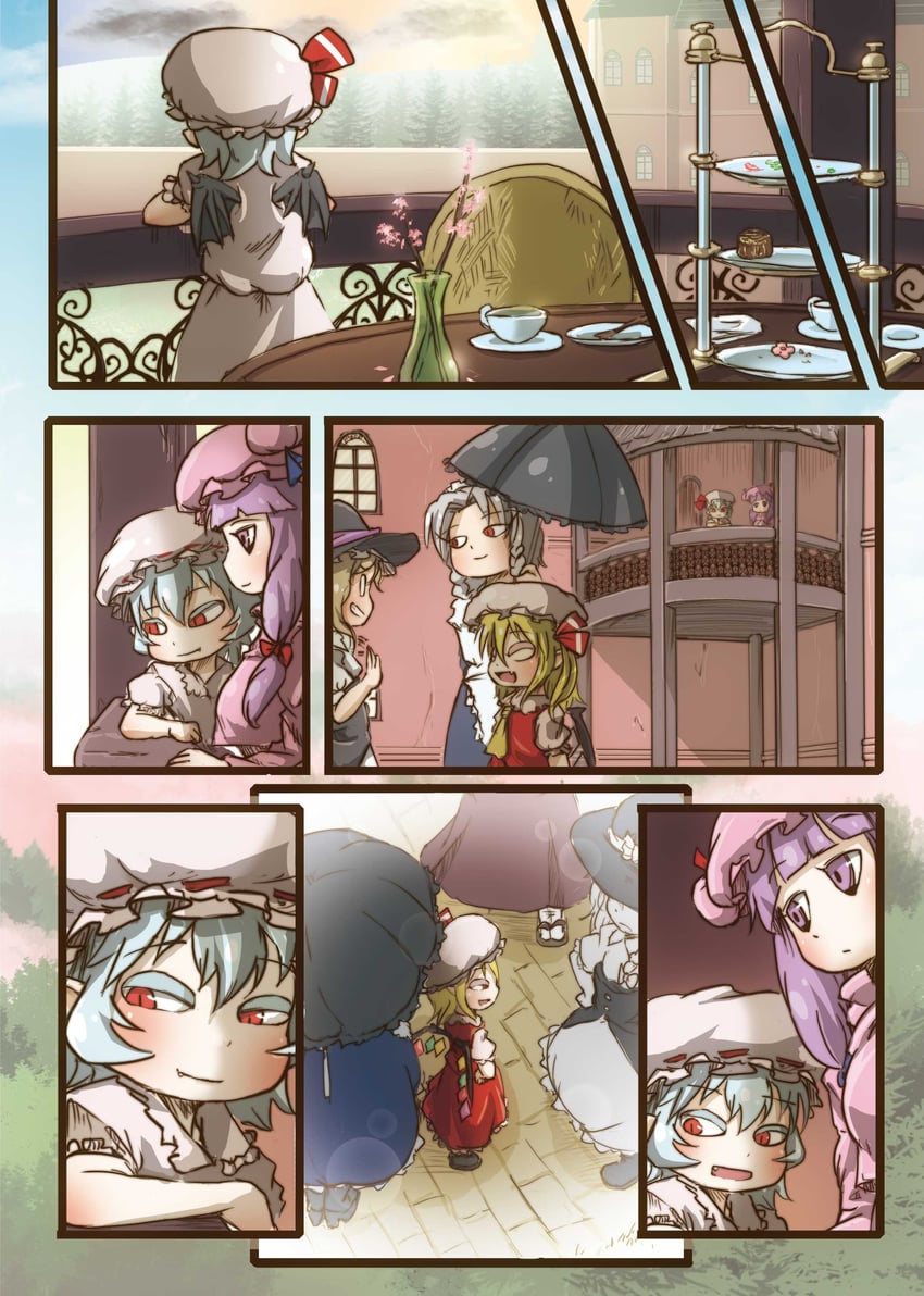 hakurei reimu, kirisame marisa, remilia scarlet, flandre scarlet, izayoi sakuya, and 1 more (touhou) drawn by chamaji
