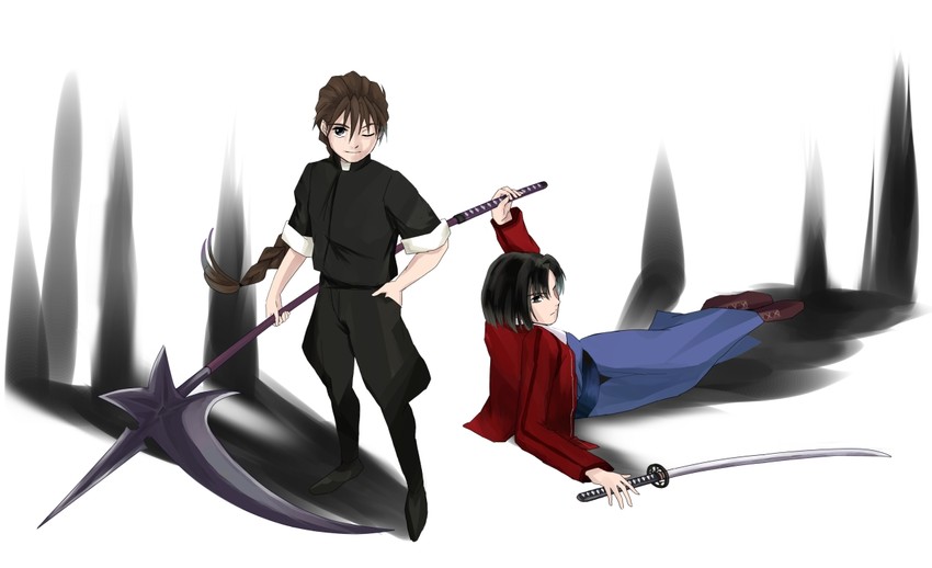 ryougi shiki and duo maxwell (gundam and 2 more) drawn by sage_sage