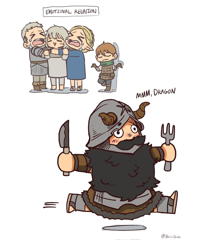 marcille donato, falin touden, laios touden, senshi, and chilchuck tims (dungeon meshi) drawn by boioibozo
