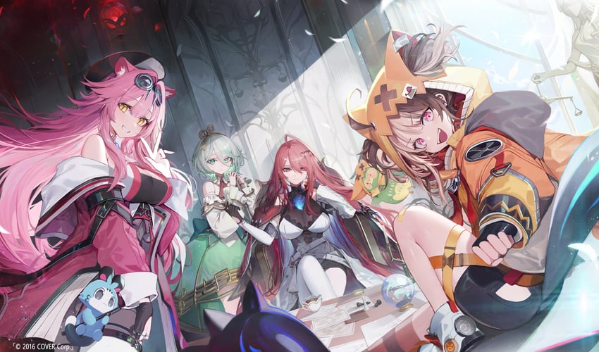raora panthera, gigi murin, cecilia immergreen, elizabeth rose bloodflame, and chattino (hololive and 1 more) drawn by chyan