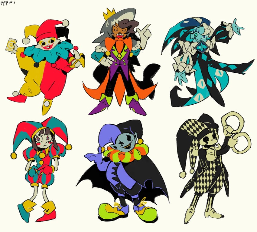 pomni, shadow milk cookie, jevil, foolish gamers, jimbo, and 1 more (real life and 7 more) drawn by foog_(ppppppuri)