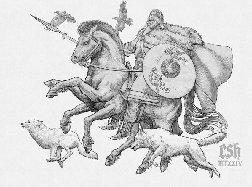 odin, muninn, sleipnir, huginn, freki, and 1 more (norse mythology) drawn by christian_sloan_hall