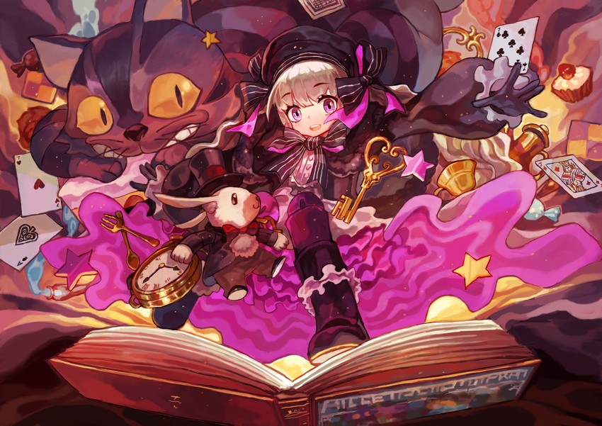 nursery rhyme, white rabbit, and cheshire cat (fate and 2 more) drawn by hong_da