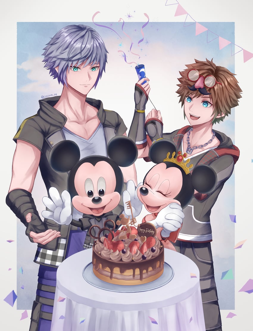 sora, riku, mickey mouse, and minnie mouse (kingdom hearts and 2 more) drawn by cocoro_oq
