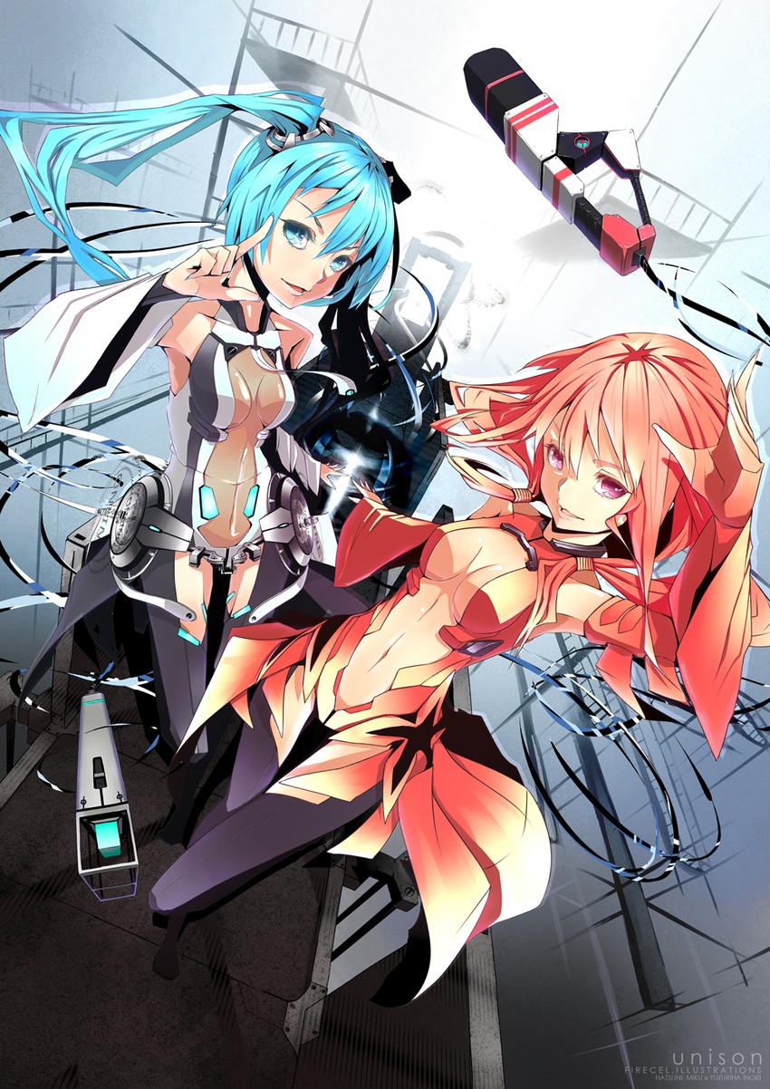 hatsune miku and yuzuriha inori (vocaloid and 1 more) drawn by firecel
