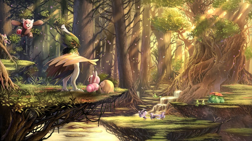rowlet, bulbasaur, mew, venusaur, celebi, and 10 more (pokemon) drawn by karamimame