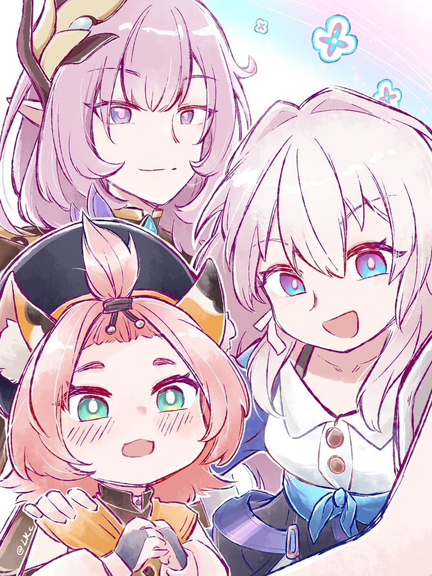 elysia, march 7th, and diona (genshin impact and 4 more) drawn by lkcloudelion