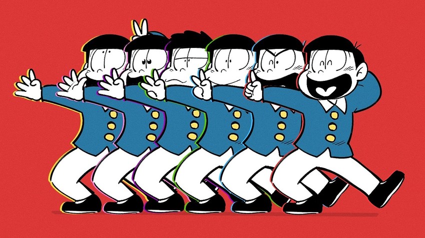 matsuno osomatsu, matsuno karamatsu, matsuno ichimatsu, matsuno jyushimatsu, matsuno choromatsu, and 1 more (osomatsu and 2 more) drawn by m0da